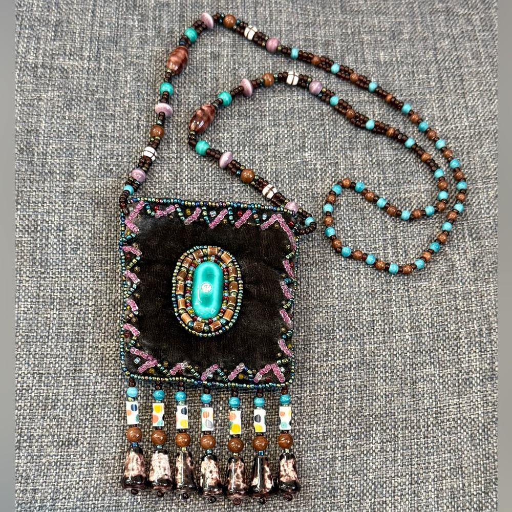 Velvet Beaded Fringe Mini Zipper Bag Handmade Western Navajo Boho Artisan
